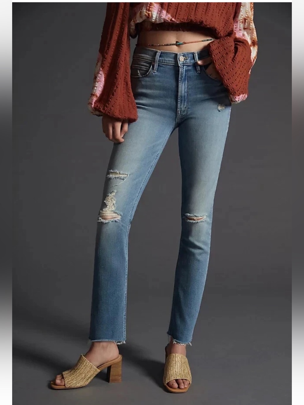 MOTHER Jeans Dazzler Ankle Fray Weekend Kitten Distressed Straight Leg Size 28